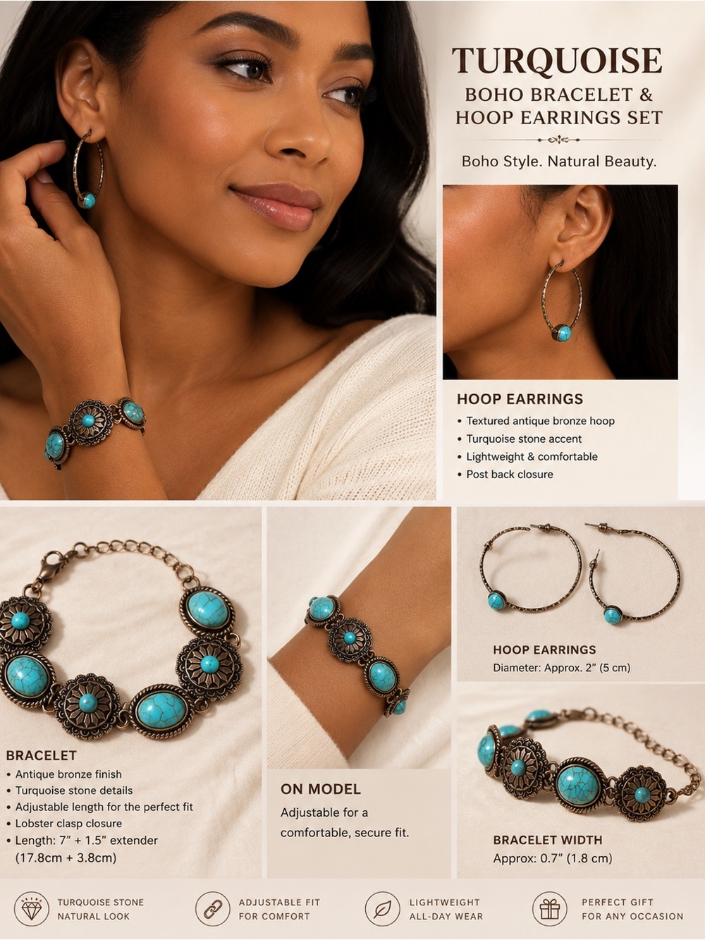 2pcsTurquoise Boho adjustable Bracelet & Hoop Earrings Set - Turquoise